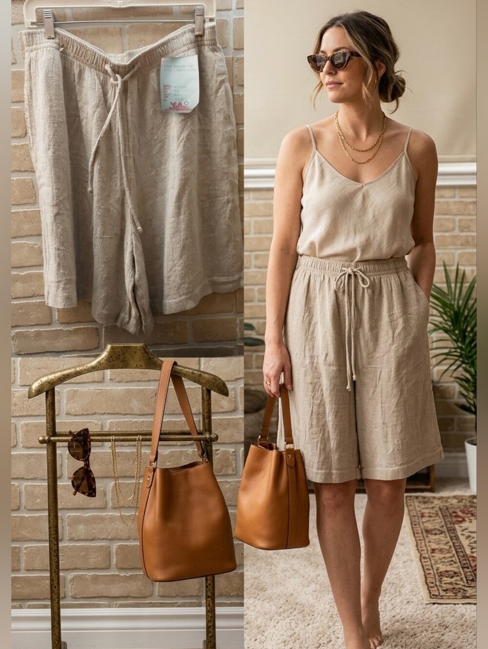 Conrad C Collection Linen Blend High Rise Wide Leg Palazzo Shorts